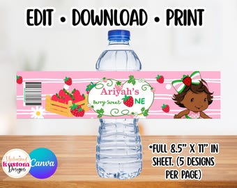 Editable Strawberry Shortcake Girl Inspired Water Bottle Label Template for Kids Birthday Party | Canva Instant Digital Download Printable