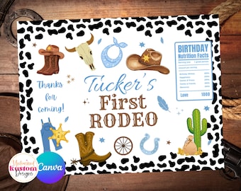 Modèle de sachet de chips pour anniversaire sur le thème du rodéo, cadeau pour une fête western (téléchargement numérique, modifiable avec Canva)