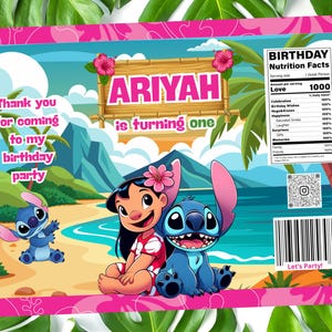 May include: A birthday party invitation featuring the characters Lilo and Stitch on a beach scene. The invitation has the name "ARIYAH" and the text "is turning one". The invitation also includes the text "Thank you for coming to my birthday party".