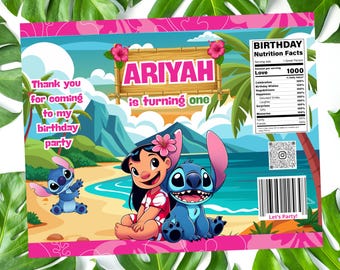Bolsa de papas fritas inspirada en Lilo y Stitch, regalo de cumpleaños infantil editable en Canva (descarga digital instantánea)