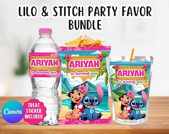 Lilo & Stitch bearbeitbares Party Favor Bundle, Chip-Beutel, Aufkleberetikett, CapriSun und Wasserflasche Canva-Vorlage (sofortiger digitaler Download)