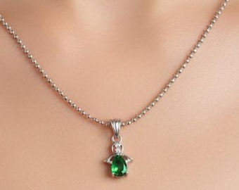 Emerald Angel Pendant Necklace, 925 Sterling Silver, Lab-Created Gemstone