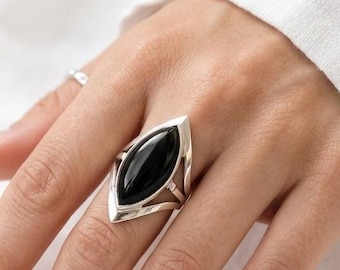 925 Sterling Silver Black Onyx Marquise Ring, Boho Statement Ring, Handmade Gemstone Jewelry, Minimalist Bohemian Ring, Gift For Her.