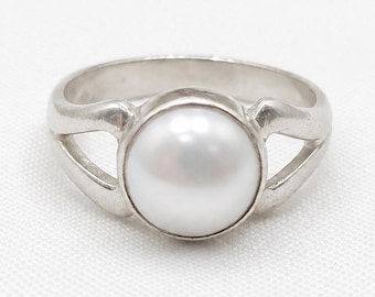Anillo de perlas naturales, anillo de perlas blancas, joyería de perlas, anillo de perlas redondas, anillo de plata hecho a mano, anillo de perlas (piedra de nacimiento de junio), anillo de perlas.