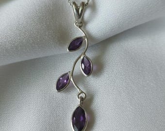 Marquise Amethyst Leaf Necklace, 925 Sterling Silver Pendant, Purple Gemstone Pendant, Gift For Mum, Leaf Jewelry, Gift For Her.