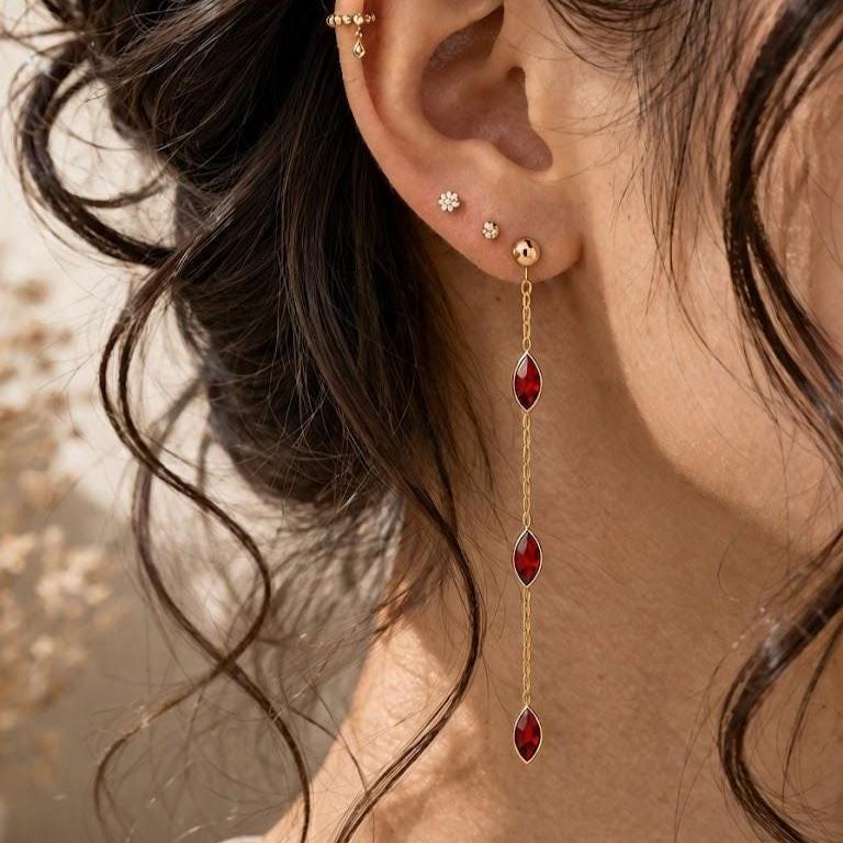 Garnet Earrings, 925 Sterling Silver Gold Plated, Long Threader Earrings, Marquise Red Gemstone Jewelry, January Birthstone