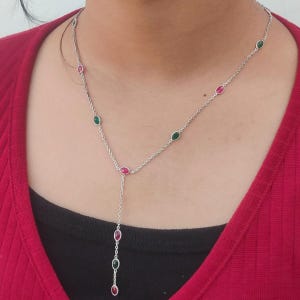 Ruby Emerald Y-ketting, 925 sterlingzilveren vergulde ketting, sierlijke edelsteen lariatketting, stationsketting, cadeau voor haar.