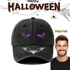 Custom Halloween Face Hat, Personalized Gothic Hat,Bat Baseball Cap, Photo Halloween Costume, Spooky Party Accessory, Embroidered Bat Design