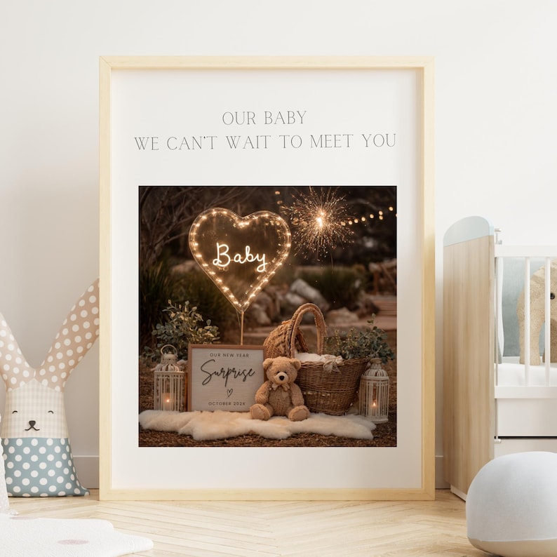 May include: A framed print with the text "OUR BABY WE CAN'T WAIT TO MEET YOU". The image shows a heart-shaped light with the word "Baby", a teddy bear, and a sign that says "Surprise".