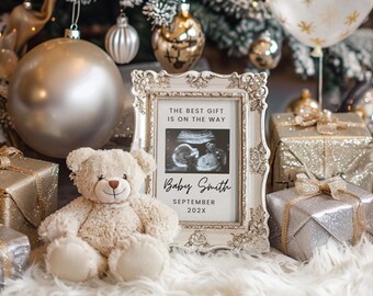 Anuncio de nacimiento de bebé en Navidad, neutral, minimalista, digital, embarazo, redes sociales, plantilla editable de Canva, bebé, embarazo, Navidad.