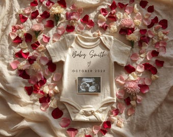 May include: Cream-colored baby onesie with the text "Baby Smith" and a heart symbol, along with "OCTOBER 202X". An ultrasound image is attached. The onesie is surrounded by a heart-shaped arrangement of red and pink rose petals and flowers.
