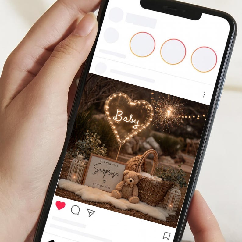 May include: A smartphone screen shows a baby announcement scene. A heart-shaped light with the word "Baby" is illuminated. A sign reads "Surprise" with the date "October 2023". A teddy bear sits in a basket with a blanket.
