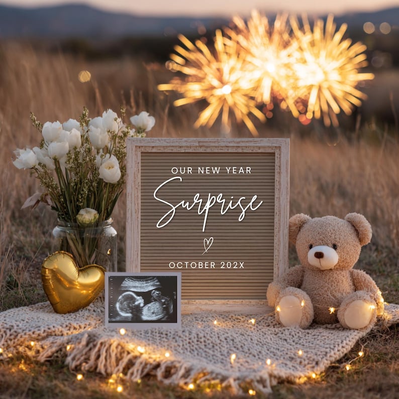 May include: A pregnancy announcement scene featuring a letter board with the text "OUR NEW YEAR Surprise October 202X". A teddy bear, ultrasound scan, gold heart balloon, and flowers are arranged on a blanket. Fireworks are visible in the background.