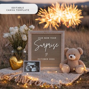 May include: A pregnancy announcement scene featuring a teddy bear, ultrasound scan, and a letter board with the words "Our New Year Surprise October 202X." A gold heart balloon and flowers complete the celebratory display.