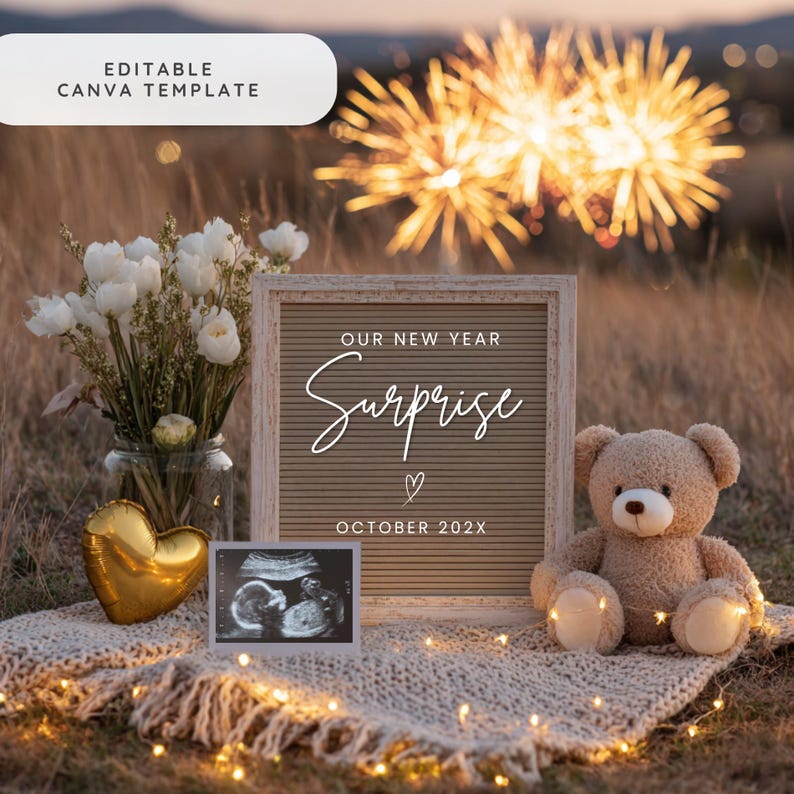 May include: A pregnancy announcement scene featuring a teddy bear, ultrasound scan, and a letter board with the words "Our New Year Surprise October 202X." A gold heart balloon and flowers complete the celebratory display.