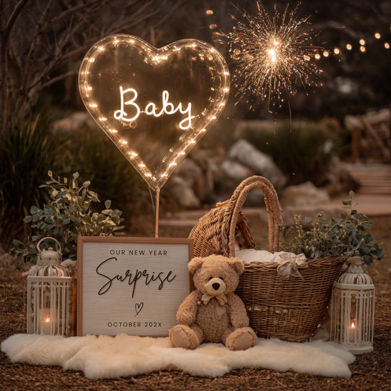 May include: A glowing heart-shaped light with the word "Baby". A sign reads "Our New Year Surprise" with "October 202X" below. A teddy bear sits near a wicker basket and a decorative lantern.