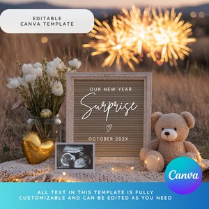 May include: A pregnancy announcement template with a letter board reading "Surprise" and "October 202X". The image includes a teddy bear, ultrasound scan, flowers, and a gold heart balloon. The background features fireworks.