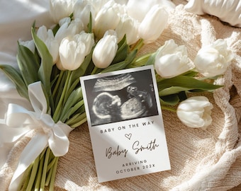 Neutral Pregnancy Baby Reveal Digital Pregnancy Template Baby Editable Canva Minimalist Neutral Minimal Baby Pregnancy Announcement Flower