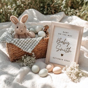 May include: A wicker basket with a stuffed bunny and eggs sits on a white blanket. A framed sign reads "Baby on the Way" with the name "Baby Smith" and the date "October 202X". Decorative flowers and more eggs are scattered around.
