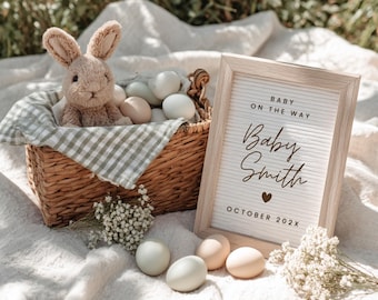 Easter Pregnancy Baby Reveal Digital Pregnancy Template Baby Editable Canva Simple Minimal Neutral Baby Pregnancy Announcement Easter Bunny