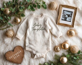 Anuncio digital de embarazo navideño para bebé, plantilla de Canva editable para redes sociales, embarazo navideño minimalista.