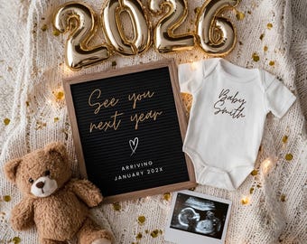 New Year 2026 Baby Digital Announcement Simple Neutral New Year Baby Social Media Reveal Editable Canva Template New Year's Pregnancy