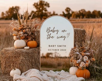 Könnte beinhalten: Eine herbstliche Szene mit Heuballen, Kürbissen und Blumengestecken. Ein Holzschild mit dem Text "Baby on the way" und dem Namen "Baby Smith" ist zu sehen. Die Szene spielt auf einem Feld mit warmen, herbstlichen Farben.