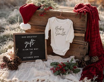 Anuncio digital de embarazo navideño, estilo neutro, para redes sociales, plantilla editable de Canva.