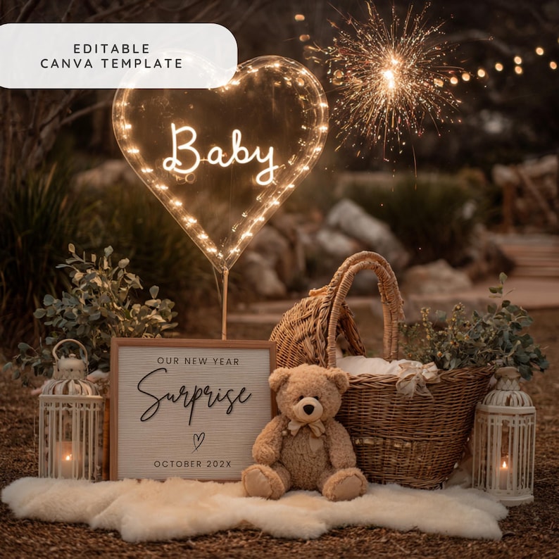 May include: A charming outdoor scene with a heart-shaped balloon lit with fairy lights spelling "Baby". A sign reads "Our New Year Surprise" with a heart and "October 202X". A teddy bear sits near a wicker basket, creating a celebratory atmosphere.