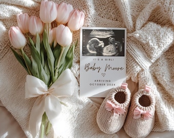 Faire-part de grossesse minimaliste, faire-part de grossesse neutre minimaliste, modèle bébé Canva, modèle modifiable de révélation de bébé fille