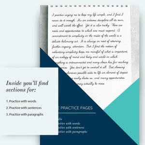 Peut inclure: Un cahier à spirales avec du texte manuscrit et des formes géométriques. Le texte se lit comme suit : "Inside you'll find sections for: 1. Practice with words, 2. Practice with sentences, 3. Practice with paragraphs."