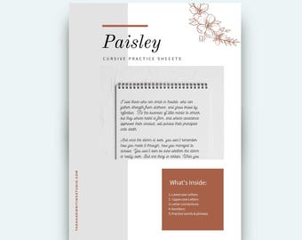 Hojas de trabajo de escritura cursiva PAISLEY PDF / Libro de ejercicios de escritura cursiva redondeada