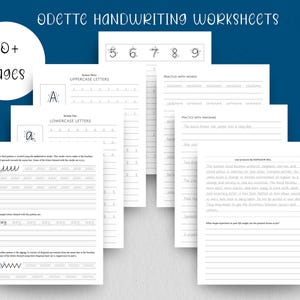 Könnte beinhalten: Weiße Schreibübungsblätter mit dem Text "Odette Handwriting Worksheets" und "50+ Seiten". Die Arbeitsblätter enthalten Übungen für Groß- und Kleinbuchstaben, Zahlen und Schreibübungen. Die Seiten haben blaue Ränder.