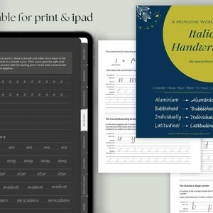 Puede incluir: Un cuaderno de trabajo digital para aprender caligrafía itálica, con instrucciones y hojas de práctica. La portada presenta un círculo amarillo sobre un fondo azul oscuro con el título "Italic Handwriting". El cuaderno está disponible para imprimir y iPad.