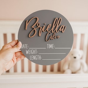 Personalized Round 3D Baby Name Stats Wooden Sign, Baby Name Announcement, Custom Baby Shower Gift, Hospital Announcement, Newborn Photo