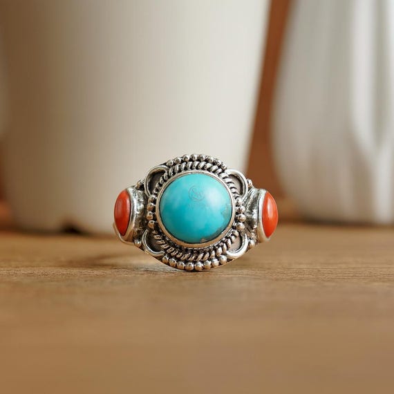 Arizona Turquoise Red Coral Ring, 925 Sterling Silver Ring
