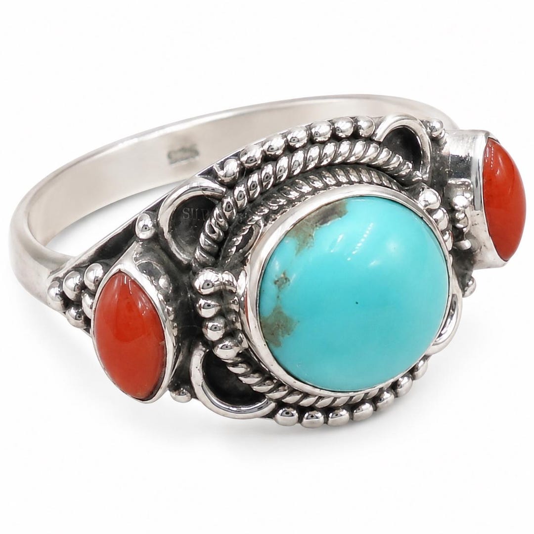 し*し様 レア　ALZUNI レッドコーラルストーン　シルバー925 Arizona Turquoise Red Coral Ring, 925 Sterling Silver Ring