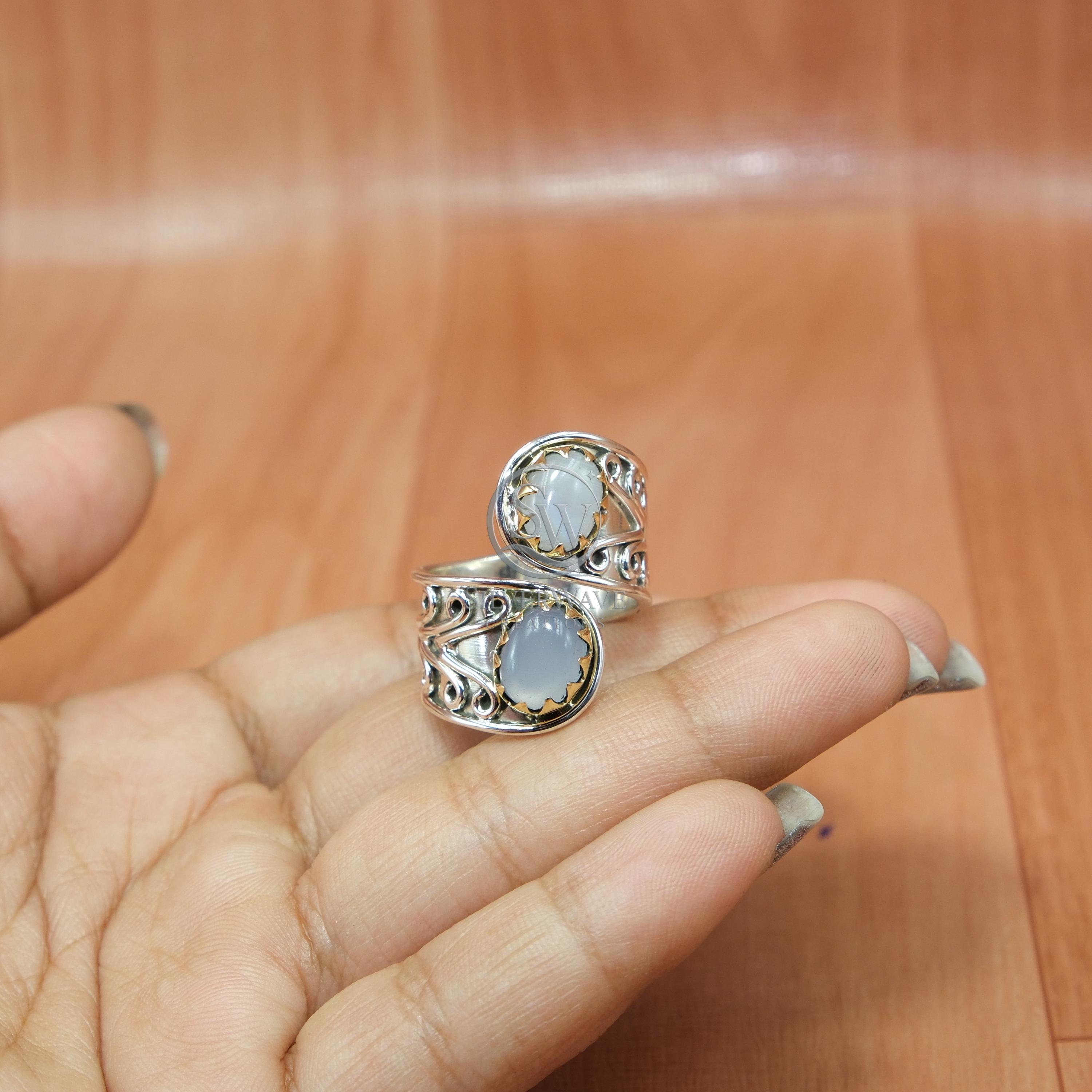 ブルーレインボームーンストーンアクアマリンリング：スターリング 
