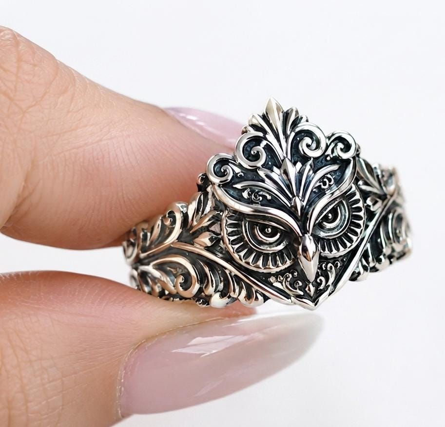 925 Sterling Silver Owl Ring, Gothic Owl Ring, Vintage Bird Ring, Nature Inspired Statement Jewelry,