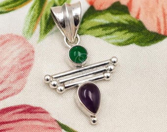 Handmade Green Onyx Amethyst Pendant, 925 Sterling Silver