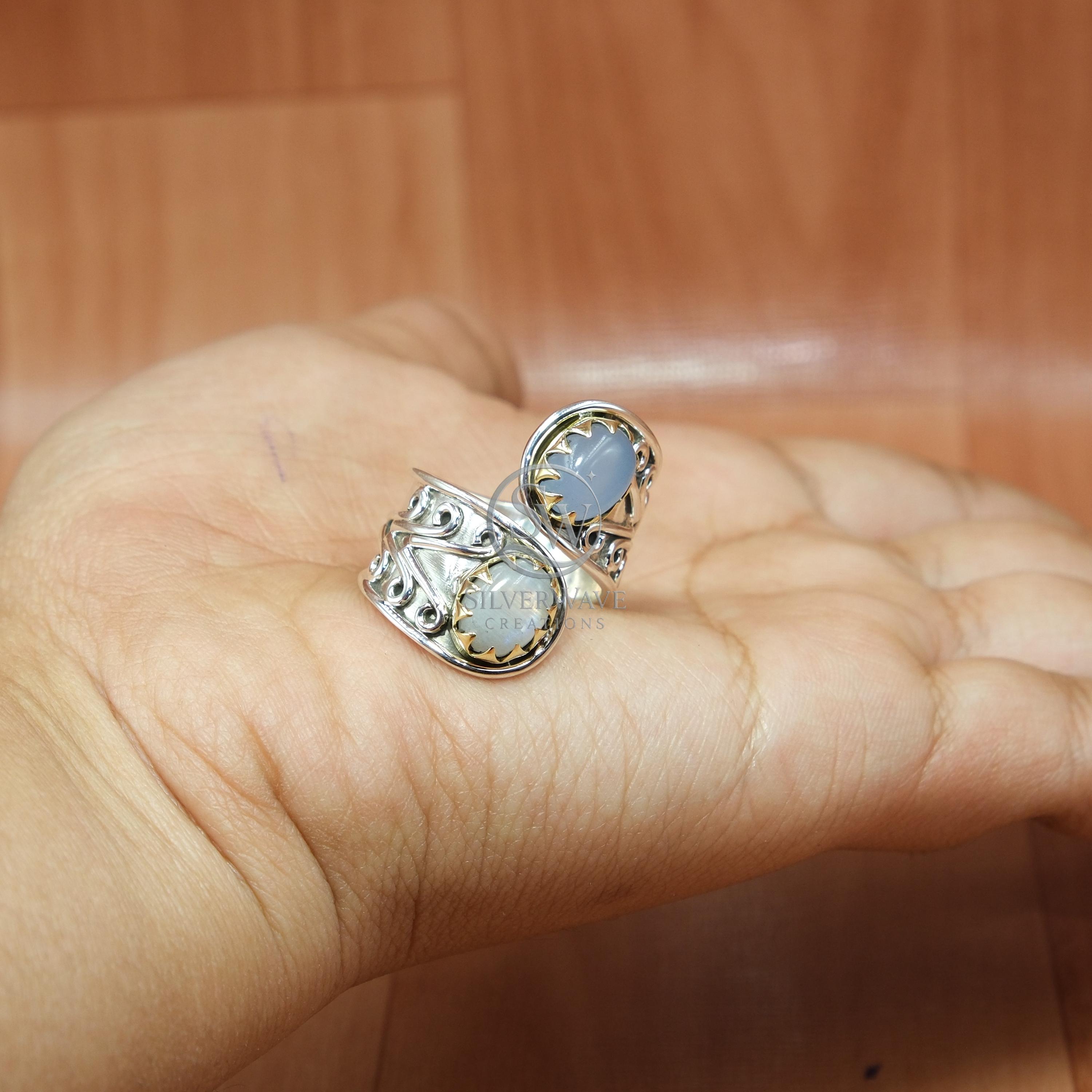 ブルーレインボームーンストーンアクアマリンリング：スターリング 