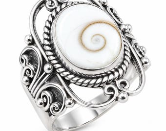 Handmade Shiva Eye Shell Ring in 925 Sterling Silver, Natural Shiva Eye Shell Gemstone, Vintage Boho Statement , Artisan , Gift for Her