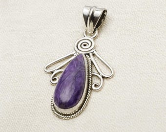 925 Sterling Silver Charoite Pendant Necklace - Teardrop Healing Crystal Jewelry for Unisex