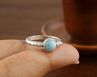 Handmade Round Larimar Ring, Sterling Silver Boho Statement