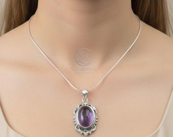 Colgante de amatista morada natural de plata de ley 925 pura, hecho a mano, chapado en oro amarillo y rosa, regalo de joyería para esposa y novia.