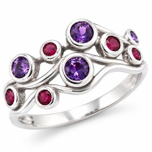 Natural Amethyst & Ruby Vine Ring, 925 Sterling Silver, Rose Gold  Yellow Gold Plated, Multi Gemstone Statement Gift for Her