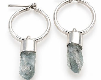 Raw Aquamarine Hoop Earrings 925 Sterling Silver Rough Blue Gemstone Boho Jewelry