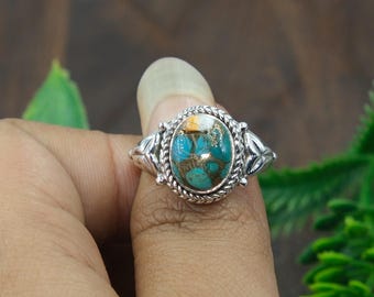 Oyster Copper Turquoise 925 Sterling Silver Handmade Promise Ring Boho Stacking Ring