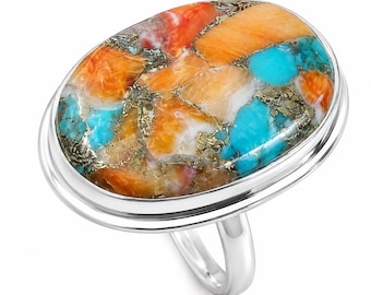 Oyster Turquoise Statement Ring, 925 Sterling Silver, Oval Gemstone Jewelry, Blue Orange Boho Artisan Gift for Her