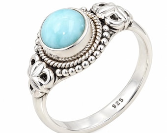 Anillo de plata de ley 925 con larimar natural, diseño artesanal, anillo llamativo con piedra preciosa azul, regalo ideal para mujer.